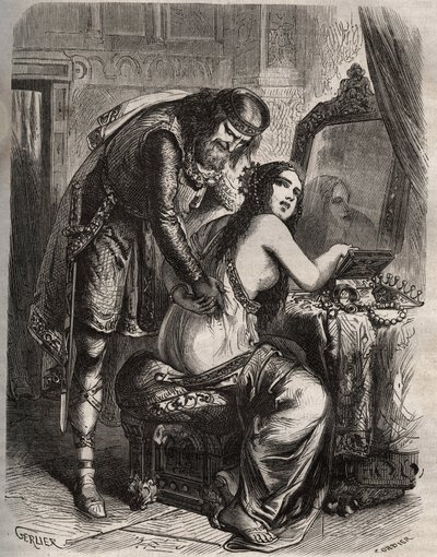 Fredegonde (545-597) tar mannen sin, kongen av francene Chilperic I (543-597), for sin elsker, Landeric. Kongen oppdager at kona hans er utro mot ham. Gravering fra 1871 i «Histoire Des Cocuses Celebres»» av Henry de Kock (1819-1892). av French School