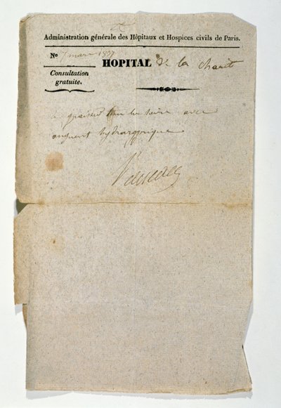 Gratis resept fra Hopital de la Charite, Paris, 7. mars 1837 av French School