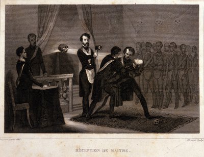 Frimureri: Mottakelse og innvielsesrite for Mesteren. Gravering fra «Picturesque History of Freemasonry and Secret Societies, Ancient and Modern» av F.-TB Clavel. Pagnerre, redaktør. 1843. av French School