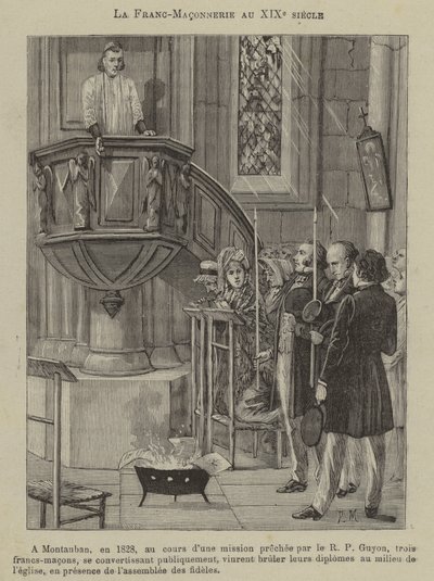 Frimureriet på 1800-tallet: tre frimurere som konverterer og brenner diplomene sine i en kirke i Montauban av French School