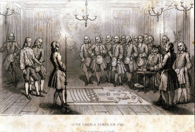 Frimureriet: hemmelig møte i en loge i Paris i 1740. Gravering fra ""Picturesque History of Freemasonry and Ancient and Modern Secret Societies" av F.-T. B. Clavel. Pagnere, redaktør. 1843. av French School