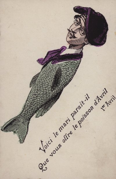 Fransk aprilsnarr-kort (fargelitografi) av French School