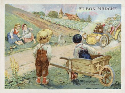 Franske barn ser på en bil som kjører fort av French School