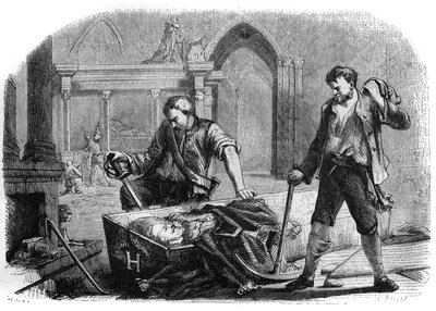 Fransk revolusjon (konvensjon): åpning av kisten til kong Henrik IV (1553-1610) under skjendelsen av de kongelige gravene til kirken Saint Denis i 1793. Gravering fra 1860. av French School