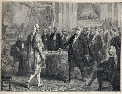 French Revolution - General Assembly on 23/06/1789: Honore Gabriel (Honore-Gabriel) Riqueti, Count of Mirabeau (1749-1791) apostrophant Henri Evrard (Henri-Evrard), Marquis of Dreux Breze (Dreux-Breze) (1762-1829). Engraving from 1889. Private collection. av French School