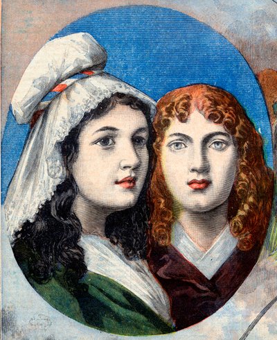 Den franske revolusjonen - De franske heltinnene: søstrene Felicite (1770-1841) og Theophile (1875-1819) av Fernig som kjempet utkledd som en mann mot østerrikerne for å se faren deres i 1792 - illustrasjon fra "Le Petit Journal" av 7. august 189 av French School