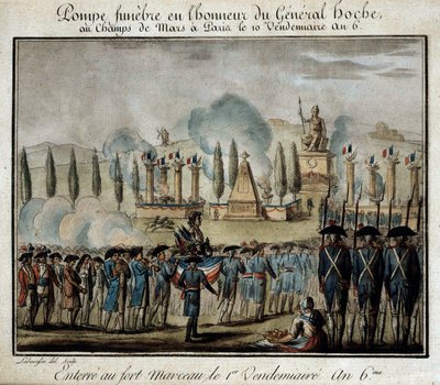 Fransk revolusjon: "" Seremoni av funebre pump til ære for general Lazare Hoche (1768-1797) på Champs de Mars i Paris den 10. fredag år 6"" Gravering av 1797. Versailles, Lambinet museum av French School
