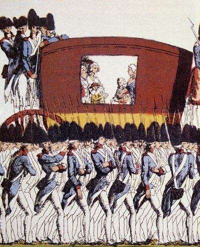 Fransk revolusjon: Kongefamiliens retur til Paris 25. juni 1791 etter arrestasjonen i Varennes 20. og 21. juni 1791. Eau-forte coloriee anonym 1791 Søn. 23,2x34,6 Paris, Musee Carnavalet. av French School