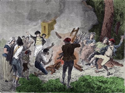 Fransk revolusjon: "" Folket brente Claude Chappes telegraf, i parken Saint-Fargeau i Menilamount, i september 1792, og trodde at det var et apparat beregnet på å kommunisere med kongefamilien innelåst i tempelets fengsel"" "Gravering av French School
