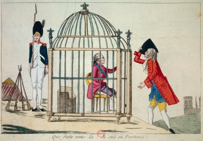 French Revolution: “What do you do, I am in penitence” King Louis XVI (1754-1793) represents in a cage on the eve of his flight to Varennes in June 1791. Satirical engraving Paris, Library of the Arsenal   1125234   no       norwegian Successfully Translat av French School
