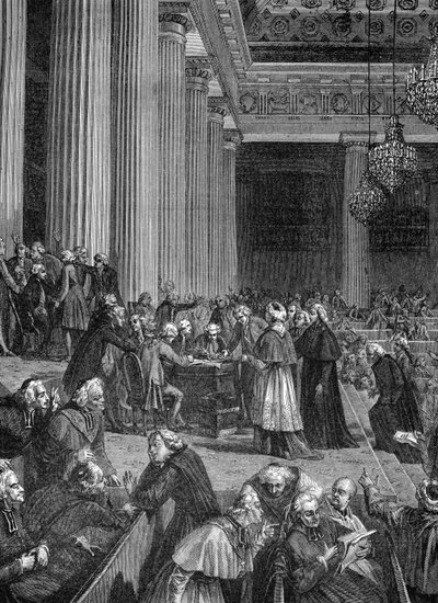 Fransk revolusjon: avskaffelse av privilegier ved nasjonalforsamlingen i 1789 (gravering) av French School