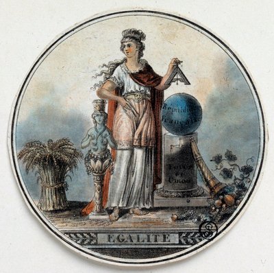 Fransk revolusjon: allegori om Egalite som en kvinne som holder et torg nær den franske republikken, et horn av overflod. Sent på 1700-tallet Paris, BN av French School