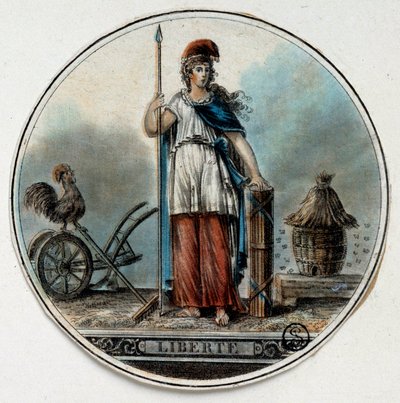 Fransk revolusjon: allegori om Liberte som en kvinne nær en bikube og en hane. Sent på 1700-tallet Paris, B.N. av French School