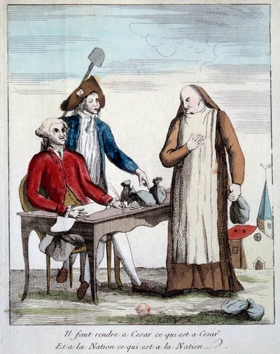 Fransk revolusjon: karikaturisk representasjon av et medlem av presteskapet tvunget til å returnere kirkens eiendom. "Vi må gi tilbake til cesar det som er til Cesar og til nasjonen det som er for nasjonen" Gravering av Paris 1790, Bibliotheque de l