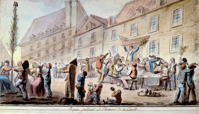 Fransk revolusjon: broderlig måltid til ære for frihet i juni 1793. Patrioter og parisere feirer Liberte. Mottoet "Liberte, egalite, brorskap"" dukket opp for første gang i denne perioden. Akvarell fra 1793. Paris, Arsenals bibliotek av French School