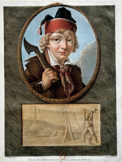Den franske revolusjonen: portrett av den unge Joseph Agricol Viala (1780-1793) som deltok i Marseille-opprøret i 1793. Han er representert nede ved å kutte kablene til Pontoon de la Durance for å stoppe passasjen til royalistene. 1700-tallet av French School