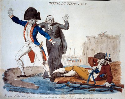 Den franske revolusjonen: oppvåkningen av den tredje staten (den tredje staten). Tegneserie på de tre ordrene. Han frigjorde seg fra lenkene sine under de skremte øynene til hæren og prestene. Fransk trykk fra 1789. Paris, BN av French School