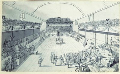 Den franske revolusjonen: Grunnlovens fødsel i september 1791 fordøyd på nytt av Guy Jean-Baptiste Target (1733-1807) i rommet til Jeu de Paume i Versailles der deputatene hadde avlagt ed 20.06.1789. Anonym tegning omkring 1791. Paris, Lou av French School