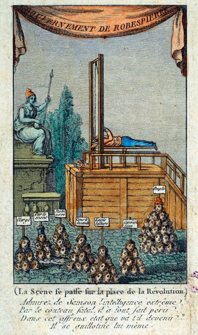 Fransk revolusjon: "" bøddelen giljotinerer seg selv"" Satire mot Maximilien Robespierre av French School