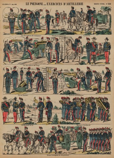 Fransk hærs artilleriøvelser, Le Polygone, Lorient, Frankrike (farget gravering) av French School