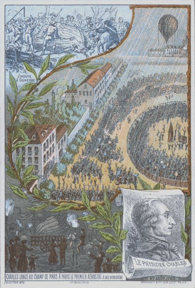 Den franske ballongfareren Jacques Charles lanserer den første hydrogenballongen fra Champ de Mars, Paris, 27. august av French School