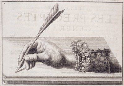 Fransk kalligrafi: "" L'escriture financiere representee dans sa naifvete"", gravering som illustrerer pennens holding av Louis Senault rundt 1652. av French School
