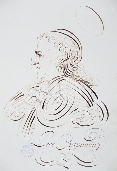 Fransk kalligrafi: Portrett av far Crapaudin av Bernard av Paris rundt 1780. Historisk bibliotek i byen Paris. av French School