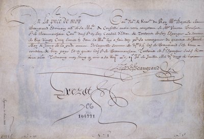 Fransk kalligrafi: Recu til fordel for Bernard de Beaugrand levere 2. juli 1623. Historisk bibliotek i byen Paris. av French School