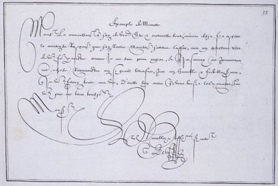 Fransk kalligrafi: Teknografi, "" eksempel på minutt"" av Guillaume Le Gangneur rundt 1599. Historisk bibliotek i byen Paris. av French School