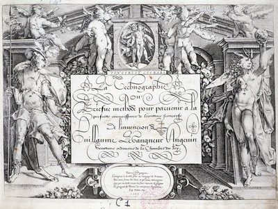Fransk kalligrafi: Teknografi, frontispice av Guillaume the Gangneur rundt 1599. Historisk bibliotek i byen Paris. av French School