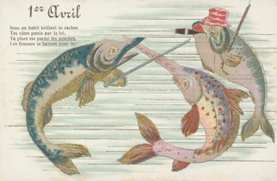 Fransk kort med fisk for å markere aprilsnarr (Poisson d#39;Avril) (chromolitho) av French School