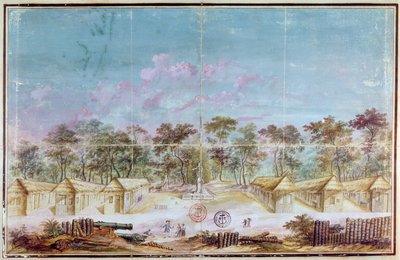 Franske kolonister bosatte seg på stranden i Kourou, Guyana i 1763 (wc på papir) av French School