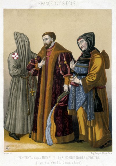 Franske kostymer på 1500-tallet: Til venstre en angrende, i midten en adelig og til høyre en prest. Illustrasjon av 1800-tallet fra Saint Ouen til Rouen. av French School