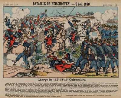 Franske kyrassere anklager prøyssisk infanteri i slaget ved Reichshoffen, fransk-prøyssisk krig, 6. august 1870 (farget gravering) av French School