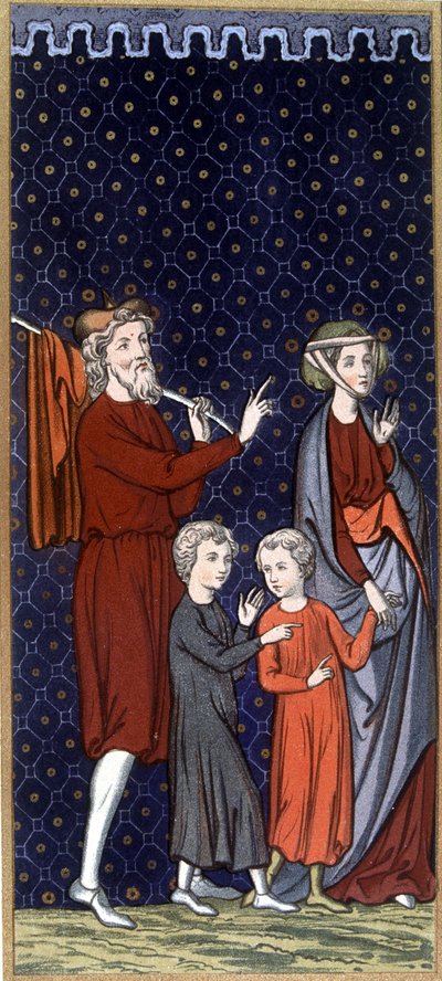 Fransk familie på 1300-tallet - i "" Sumptuary arts of costume and furniture"", red. Mangard-Maugé av French School