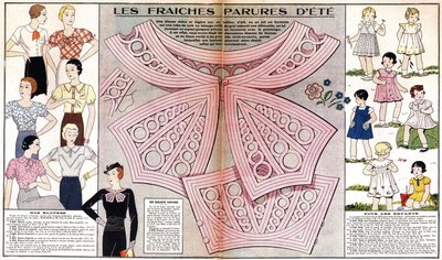 Fransk mote for sommeren 1934: feminin mote (bluser) og barnslig mote (kjoler og kostymer). I «Le petit echo de la mode» av French School