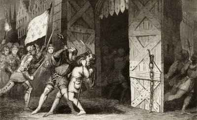 Franske riddere angriper en engelsk holdt by under 100-årskrigen, fra 