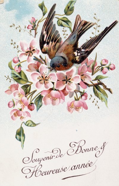 Fransk nyttårspostkort med blomster og en fugl av French School