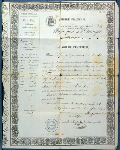 Fransk pass, fra Besançon, 20. september 1854 av French School