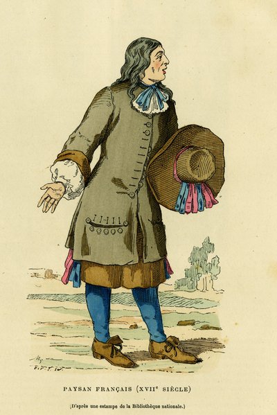 Fransk bondedrakt på 1700-tallet. Gravering i farger etter et trykk av nasjonalbiblioteket, i «France et les francais a travers les centuries» av Augustin Challamel, F.Roy-redaktør, Paris 1882. Selva-samlingen. av French School