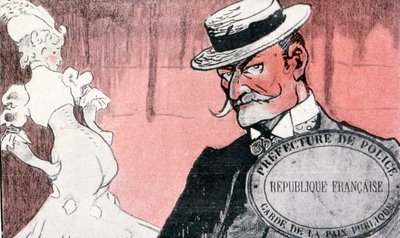 Fransk politi undersøkte en prostituert før hun arresterte henne. Frankrike på 1800-tallet. Fransk illustrasjon 1890 av French School