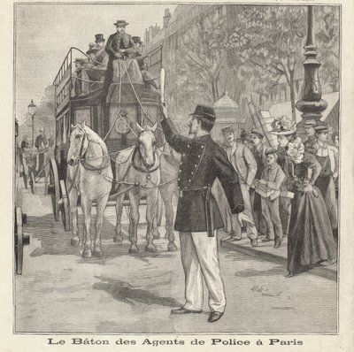 Fransk politimann bruker stafettpinnen for å dirigere trafikk på gatene i Paris (gravering) av French School