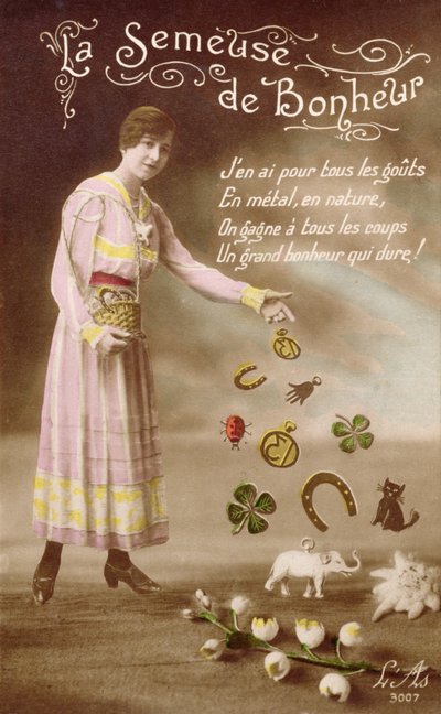 Fransk postkort som viser La Semeuse de Bonheur (lykkessåeren), 29. mars 1914 av French School