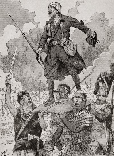 Fransk propagandaplakat med tittelen "On Les Aura", eller We Will Have Them. Fire soldater fra forskjellige historiske perioder bærer en såret, men trassig soldat fra første verdenskrig på et skjold. Fra Agenda Buvard du Bon Marche publisert 1917 av French School