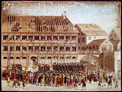 Fransk revolusjon: plyndring av Strasbourg rådhus 20.07.1789. Anonym utskrift. Paris, B.N. av French School