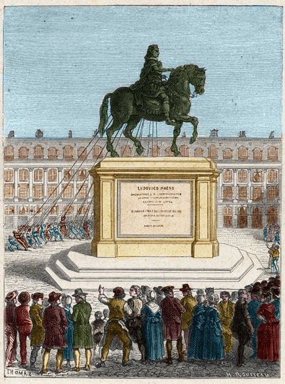 Fransk revolusjon: styrte statuen av kong Louis XIV (1643-1715), Place Vendome i Paris av French School