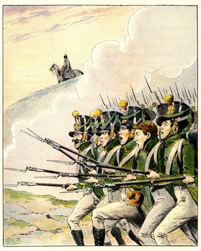 Franske soldater under slaget ved Waterloo (farge litho) av French School