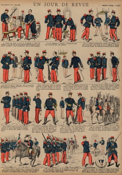 Franske soldater på dagen for en anmeldelse (farget gravering) av French School