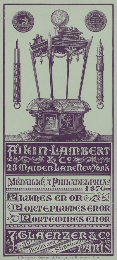 Fransk handelskortreklame Aikin Lambert-penner, pennholdere og drivende blyanter (litho) av French School