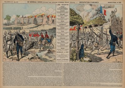 Franske tropper kommandert av general Alfred-Amedee Dodds angriper Abomey, Dahomey, andre fransk-dahomeanske krig av French School